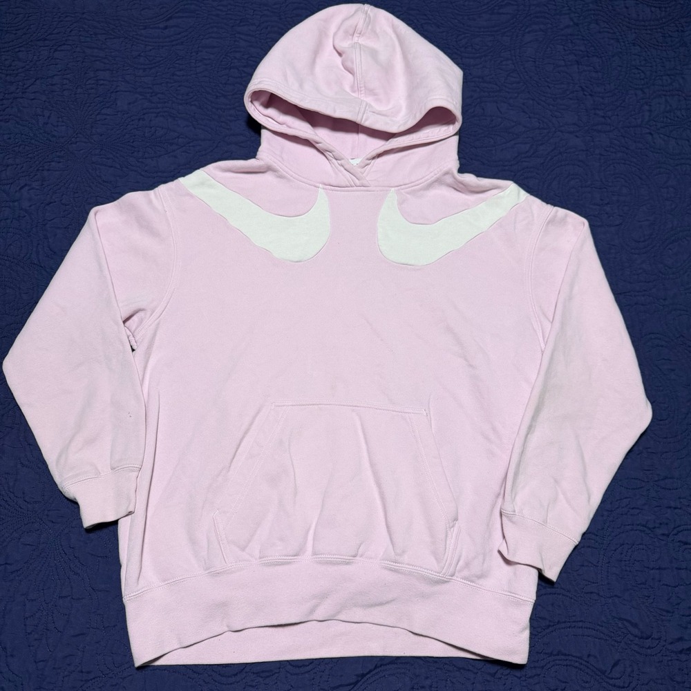 Nike Womens Double Swoosh Hoodie Pink Oversized Fleece Sweatshirt XS Stained